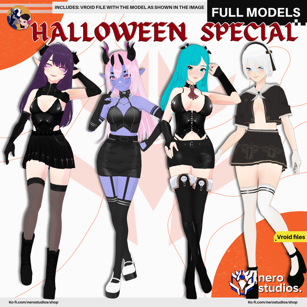 GOTHIC DEMON GIRL HALLOWEEN PUNK COSTUME SUCCUBUS FULL OUTFIT VAMPIRE VROID HALLOWEEN COSTUMES SEXY (VROID FILES) / 3Dモデル ハロウィン衣装 ゴシック 女の子 ヴァンパイア サキュバス