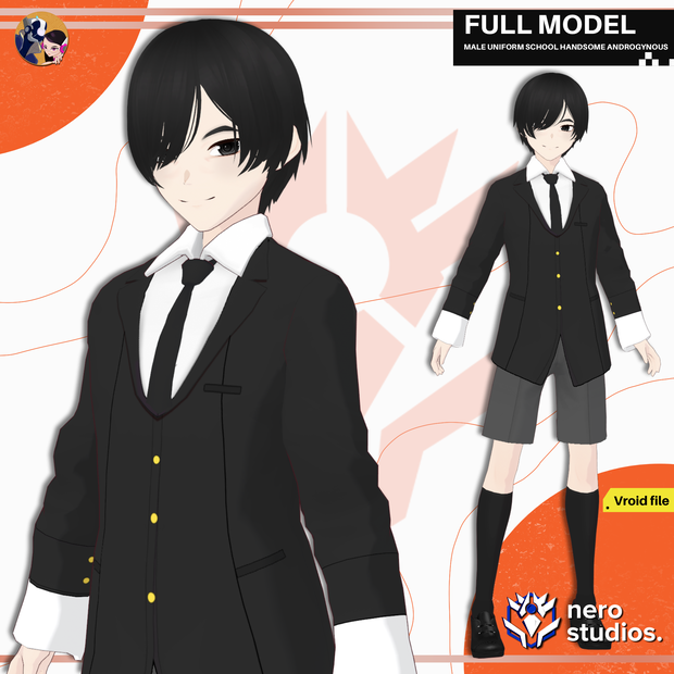 MALE UNIFORM SCHOOL HANDSOME ANDROGYNOUS FORMAL SUIT ACADEMY ANIME STYLE PRESET FULL OUTFIT SET HAIRSTYLE FOR VROID (VROID FILE) / 3Dモデル 髪型 男性 制服 学校 スーツ エレガント 少年