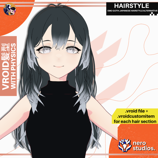 【VRoid 髪型】  エモ・ゴシックヘア｜パンク風レイヤーヘア｜前髪あり｜ウルフカット VRoidヘア / EMO GOTH JAPANESE HAIRSTYLE ALTERNATIVE ROCK PUNK BANGS SIDE STYLIZED FULL SET PRESET HAIRSTYLE FOR VROID / ヘア 髪型 ゴシック 和風 長い髪 前髪