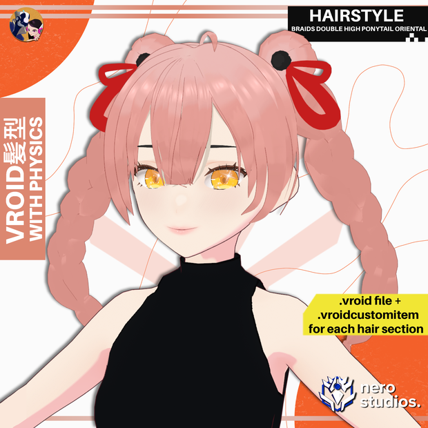 【VRoid 髪型】 中華ツインお団子三つ編みヘア｜かわいいアニメ風ヘアスタイル【VRoid用ヘアプリセット】 / BRAIDS DOUBLE HIGH PONYTAIL ORIENTAL ANIME STYLE CHINESE FULL PRESET SET HAIRSTYLE CUSTOM ITEM FOR VROID