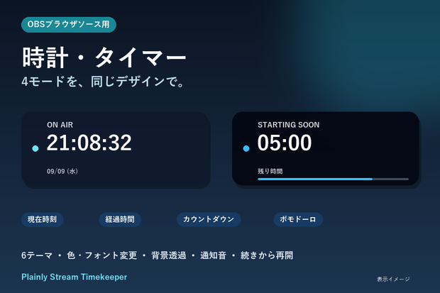 【無料版あり・OBS】時計・タイマー4モードセット｜色・フォント変更｜Plainly Stream Timekeeper