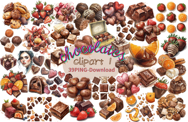 バレンタインにも使えるチョコ好きさんのためのチョコレートクリップアート素材セット１　PNG形式（背景透過）39種