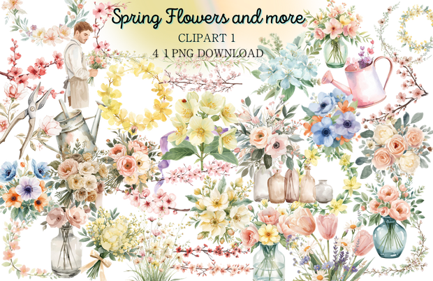 🌼 淡い水彩タッチのフラワーショップ クリップアートセット１　全４１種　PNG形式（背景透過）🌼