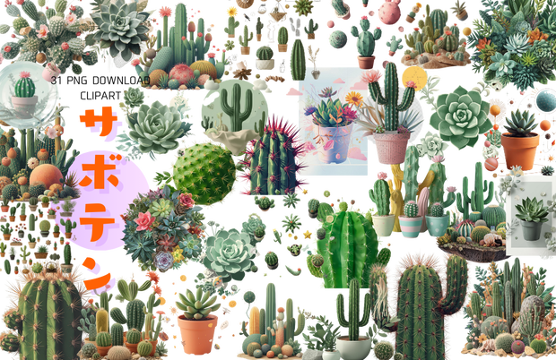 🌵 サボテン＆多肉植物 クリップアートセット１　全 ３５種　PNG形式（背景透過）🌱