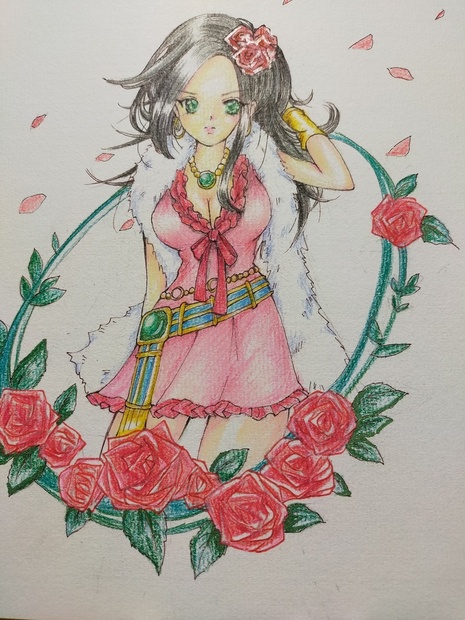 通販 赤い薔薇と女の子の絵 オリジナル手描きアナログイラスト原画