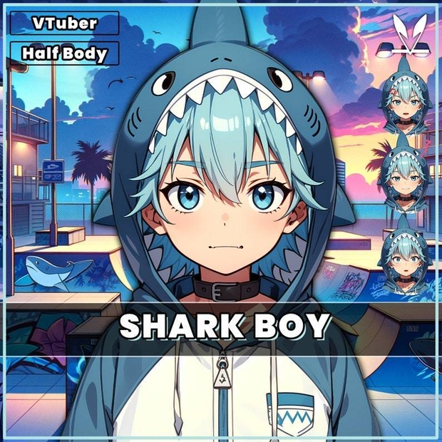 Male premade VTuber model - Shark Boy for vtube studio as a cute but bratty half body male 2d vtuber