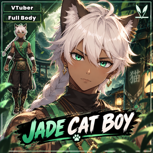 VTuber - Jade Cat Boy for vtube studio as a cool green, gold full body vtuber animal male live2d model