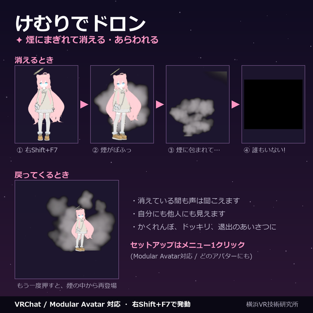 けむりでドロン ✦ 煙で消えるギミック【VRChat / Modular Avatar対応】