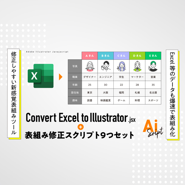 Excel等のデータも爆速で表組み化。Illustratorの修正しやすい新感覚表組みツール「Convert Excel to lllustrator.jsx」