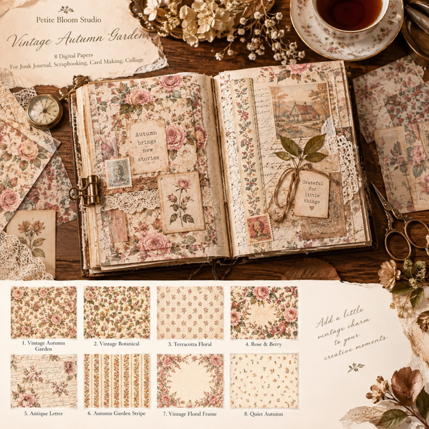 Vintage Autumn Garden｜ヴィンテージ秋のデジタルペーパー 8枚セット｜シームレス｜ジャンクジャーナル・コラージュ素材