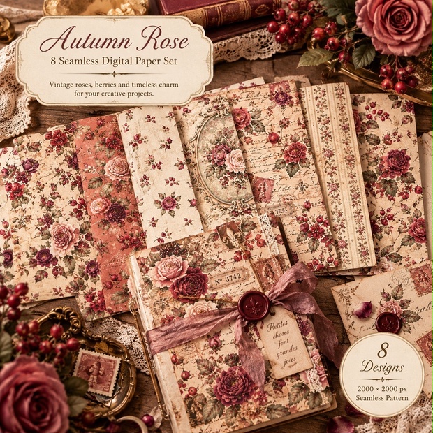 Autumn Rose｜秋のローズ デジタルペーパー 8枚セット｜シームレスパターン｜ジャンクジャーナル・コラージュ素材