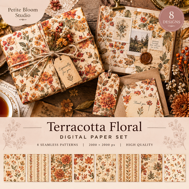 Terracotta Floral｜秋色ボタニカル デジタルペーパー 8枚セット｜シームレスパターン｜ジャンクジャーナル・コラージュ