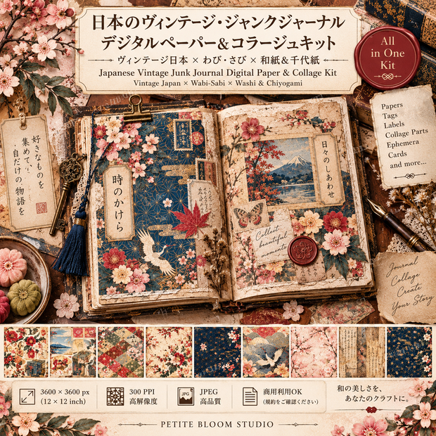 日本のヴィンテージ ジャンクジャーナル デジタルペーパー＆コラージュキット｜和紙・千代紙