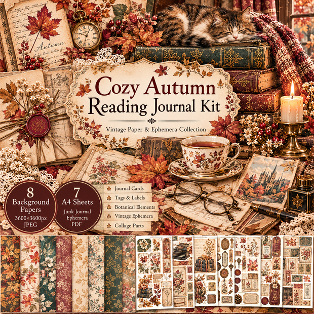Cozy Reading Journal｜秋の読書時間 ヴィンテージデジタル素材セット