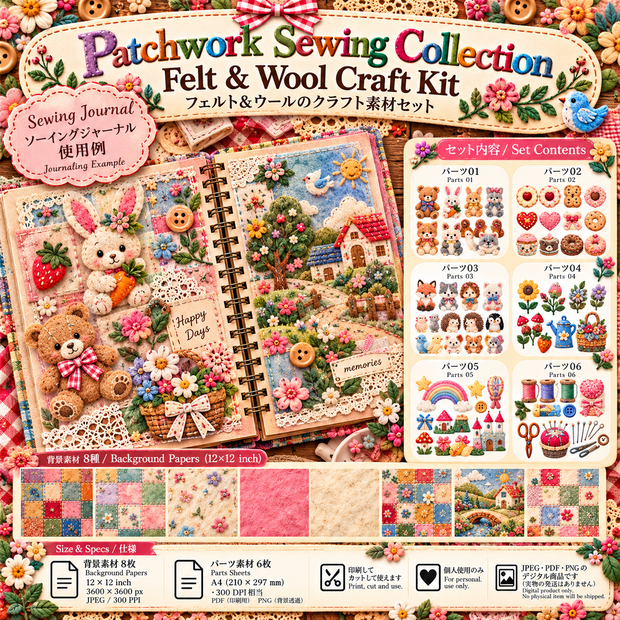 Patchwork Sewing Collection｜Felt & Wool Craft Kit｜フェルト＆ウール デジタル素材セット