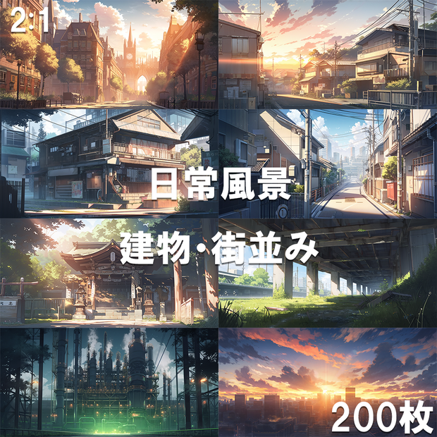 【背景素材】日常風景200枚[2:1](和・洋、建物、家、豪邸、ビル、街、店、都市、橋、寺、道、工場、廃墟、公園)