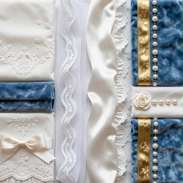 レース、サテン、ベルベット素材｜ブルー・白・ゴールドカラー｜lace, satin, velvet｜M0042