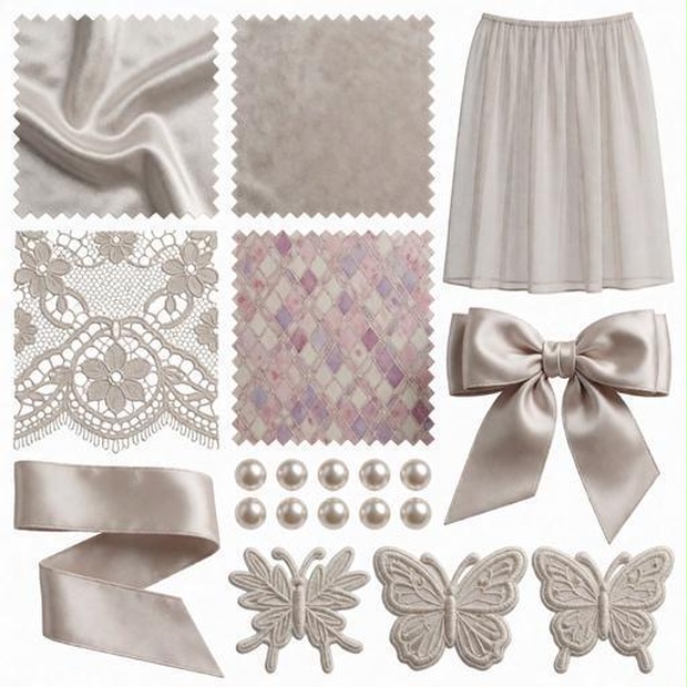 レース、布、パール素材｜パープル・ブルー・ピンクカラー｜lace, fabric, metal｜M0052