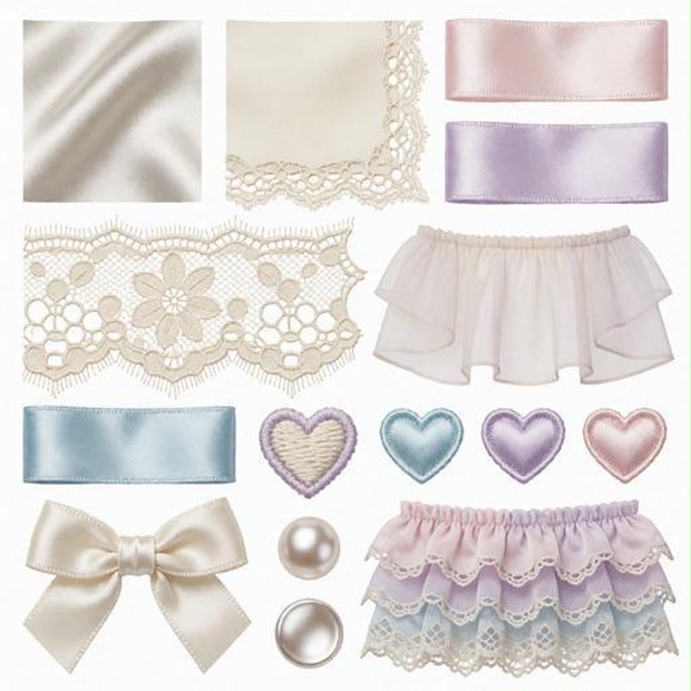 レース、サテン、フリル素材｜ベージュ・ライトブルー・白カラー｜lace, satin, ruffles｜M0054
