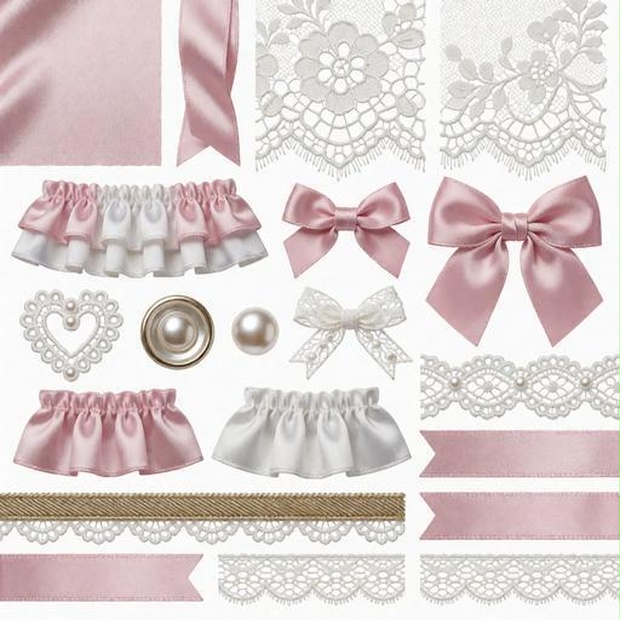 レース、布、ビーズ素材｜ピンク・ゴールド・白カラー｜lace, fabric, beads｜M0055