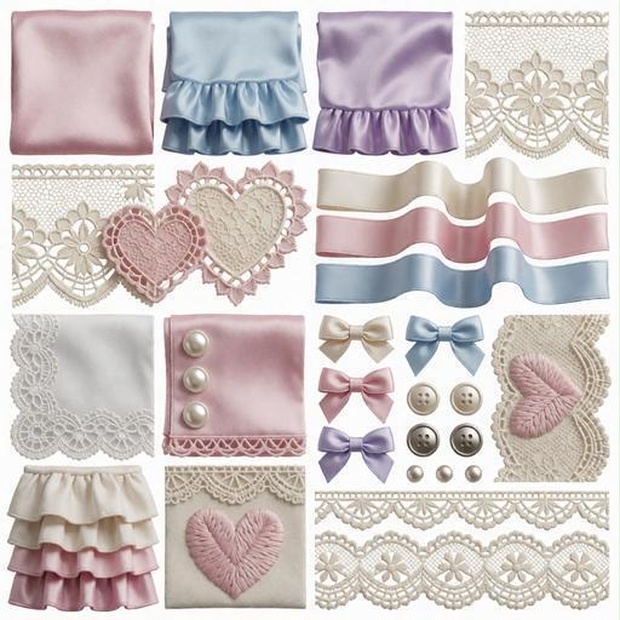 レース、布、リボン素材｜パープル・ピンク・ブルーカラー｜lace, fabric, ribbon｜M0063