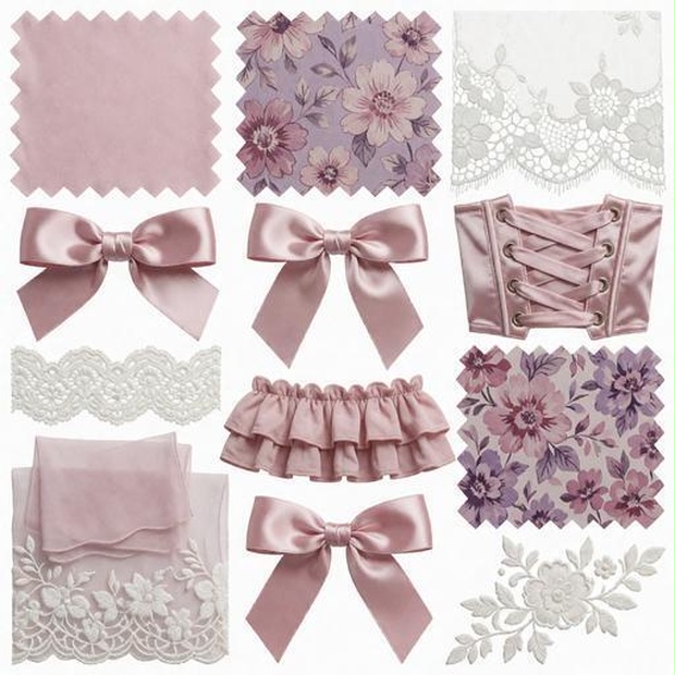 レース、布、リボン素材｜パープル・ピンク・白カラー｜lace, fabric, ribbon｜M0071