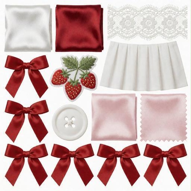 レース、布、リボン素材｜赤・白・ピンクカラー｜lace, fabric, ribbon｜M0074