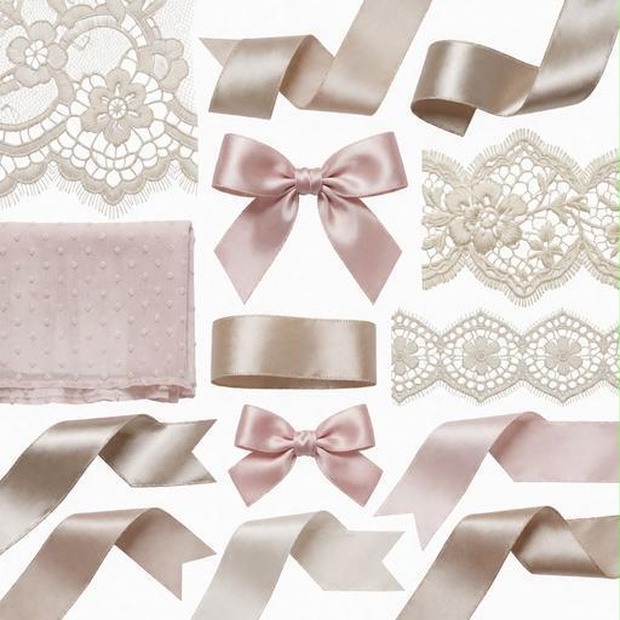 レース、布、リボン素材｜ピンク・白・ゴールドカラー｜lace, fabric, ribbon｜M0076