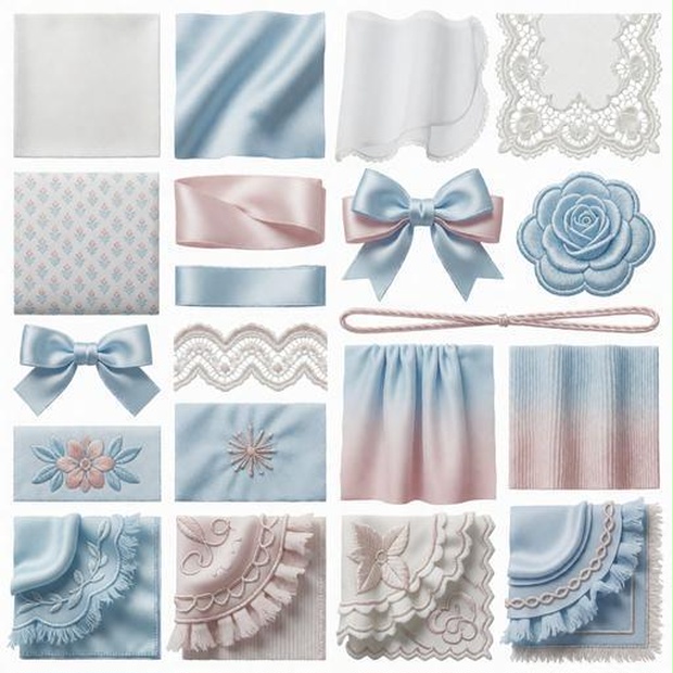 レース、布、リボン素材｜ブルー・ピンク・白カラー｜lace, fabric, ribbon｜M0082