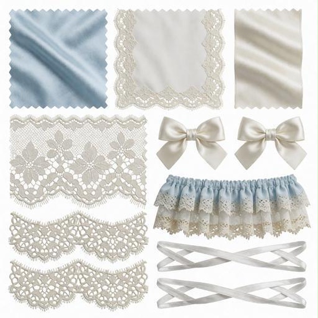 レース、布、ベルベット素材｜ブルー・白・ゴールドカラー｜lace, fabric, velvet｜M0083