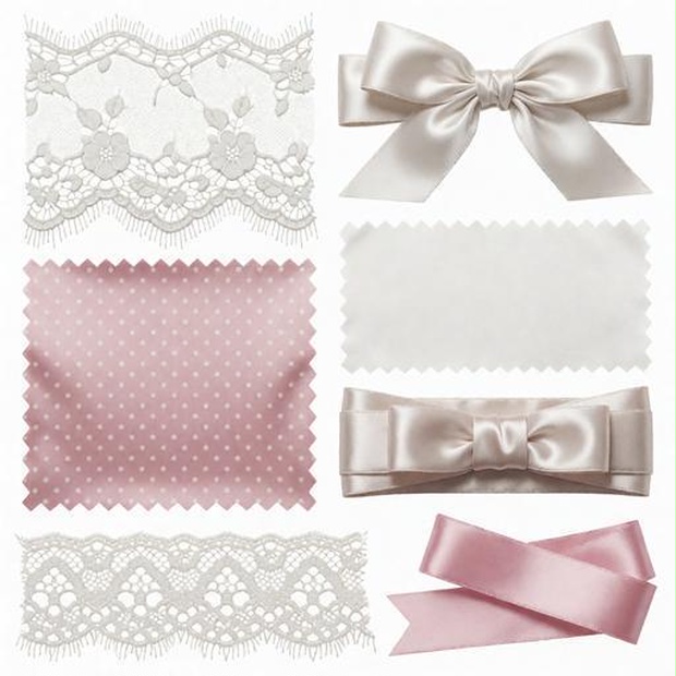 レース、布、リボン素材｜ピンク・白・ベージュカラー｜lace, fabric, ribbon｜M0084