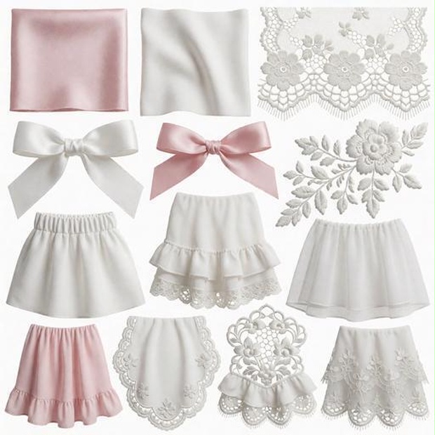レース、布、リボン素材｜ピンク・白・laceカラー｜lace, fabric, ribbon｜M0090
