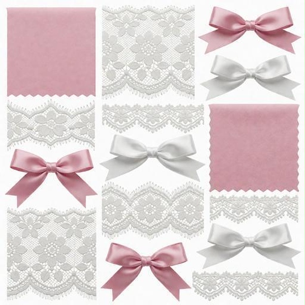 レース、布、リボン素材｜ピンク・白・シルバーカラー｜lace, fabric, ribbon｜M0142