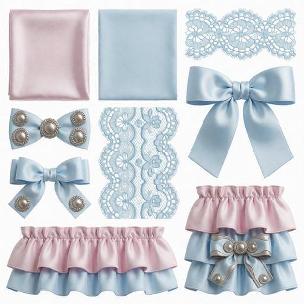 レース、サテン、フリル素材｜ピンク・ブルー・シルバーカラー｜lace, satin, ruffles｜M0146