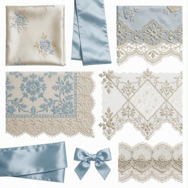 レース、布、リボン素材｜ブルー・ゴールド・白カラー｜lace, fabric, ribbon｜M0373