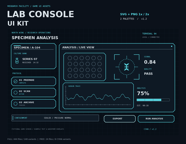 研究施設・分析端末 ゲームUI素材｜LAB CONSOLE UI KIT【FULL版 444ファイル / 74部品・状態差分 / SVG・PNG / 2カラー】