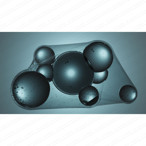 抽象的な青い球体と液滴の3Dイメージ・細胞・分子・科学　画像素材　高画質
