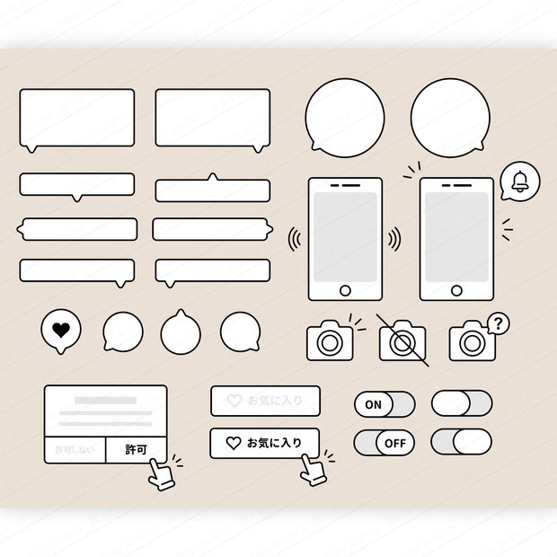スマートフォンのUIパーツと吹き出しのシンプルな線画アイコンイラストセット　高画質　ベクター