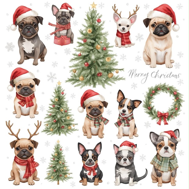 クリスマス 犬クリップアート｜背景透過PNG 15点