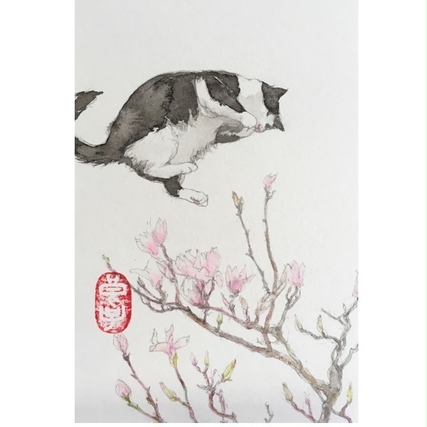 猫の絵 146 水彩画 原画 白猫 - 絵画