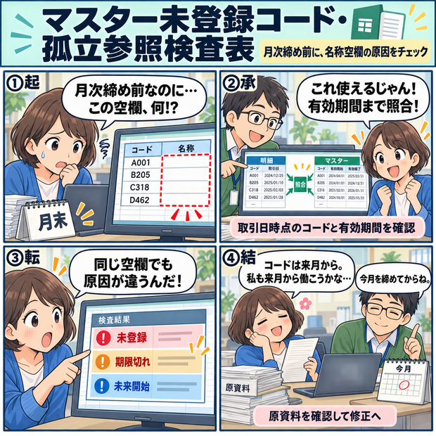 マスター未登録コード・孤立参照検査表 / Validation Sheet for Codes Missing from Master Data and Orphaned References