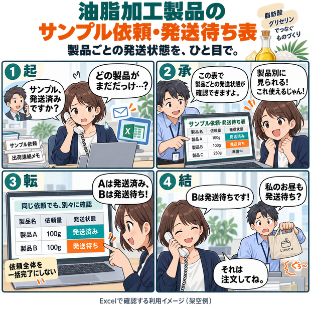油脂加工製品のサンプル依頼・発送待ち表 / Processed Fats and Oils Product Sample Request and Pending Shipment Tracker