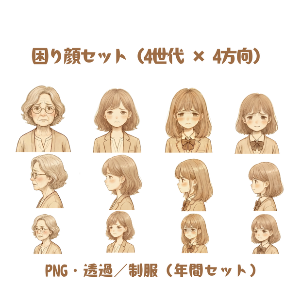 困り顔セット｜4世代 × 4方向（PNG・透過）