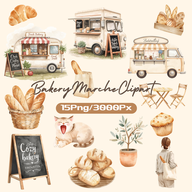 やさしいベーカリーマルシェ｜Bakery Marche Clipart｜15PNG・3000×3000px｜Canvaテンプレート