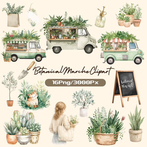 やさしいボタニカルマルシェ｜Botanical Marché Clipart｜16PNG・3000px・Canvaテンプレート・商用利用可