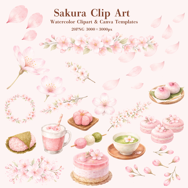 さくら水彩クリップアート素材｜春の和スイーツ＆桜イラスト｜PNG20点｜3000px｜Canvaテンプレート Sakura Watercolor Clip Art Set | Cherry Blossom & Spring Sweets | 20 PNG | 3000px | Canva Template