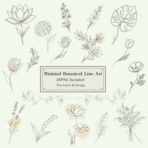 ボタニカルラインアート素材集｜ミニマル・大人っぽい花のクリップアート（透過PNG） Minimal Botanical Line Art Clipart Set | Elegant Floral PNG (Transparent)