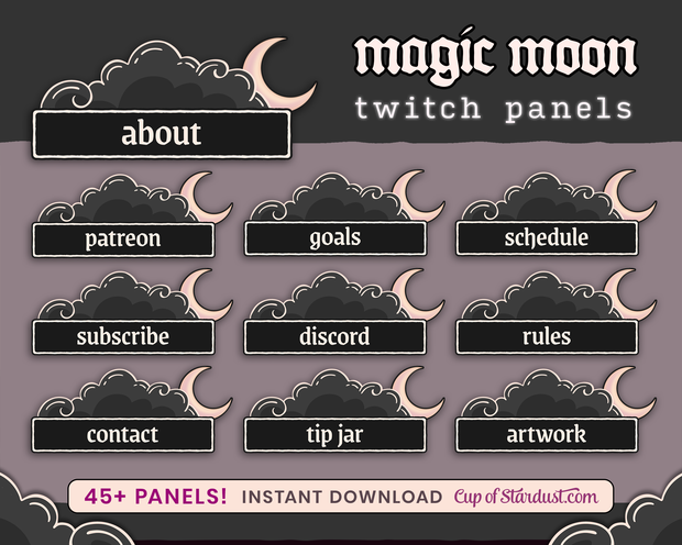 ブラックの魔法の月と雲Twitchパネル素材セット｜かわいい配信バナー＆装飾