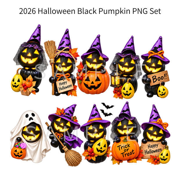 2026 Halloween Black Pumpkin PNG Set｜ハロウィン黒かぼちゃ素材 10 Designs