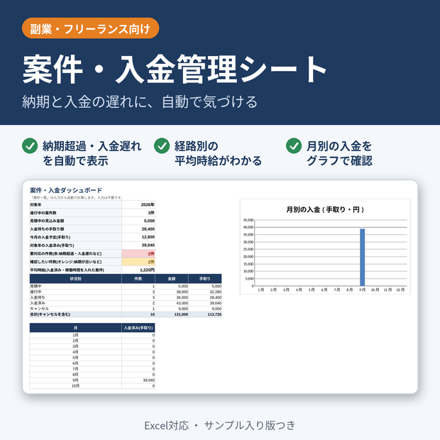 【副業・フリーランス向け】納期と入金の遅れに気づける 案件・入金管理シート(Excel)
